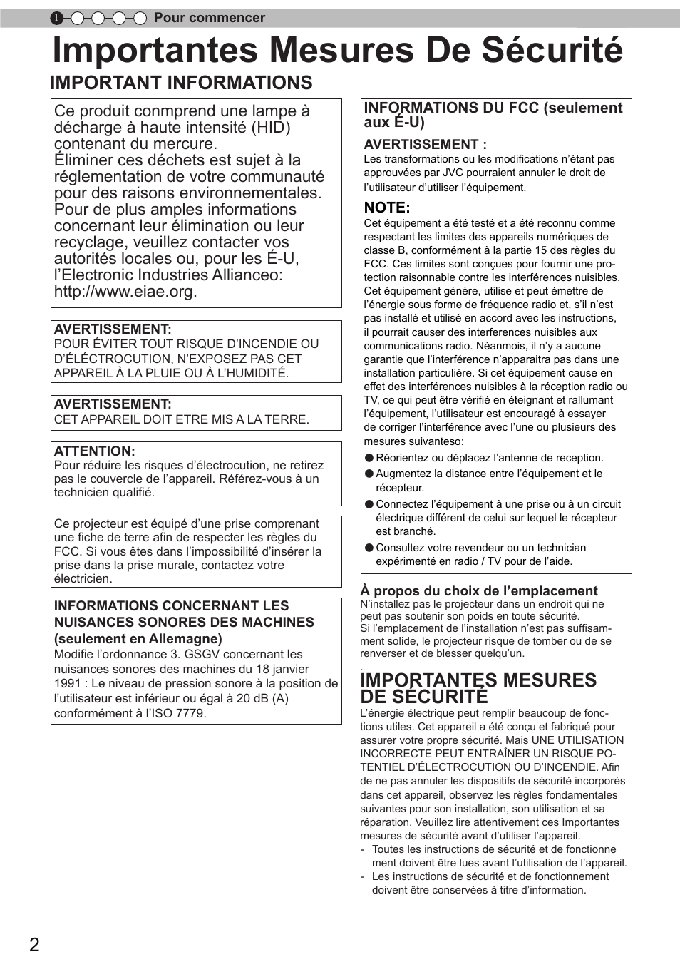 Importantes mesures de sécurité, Important informations, Informations du fcc (seulement aux é-u) | JVC DLA-X90 User Manual | Page 98 / 288