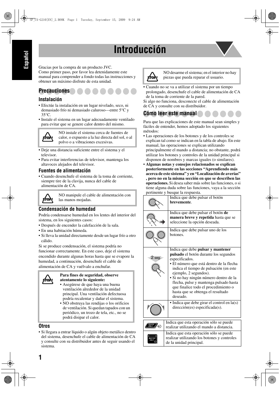 Introducción, Español, Precauciones | Cómo leer este manual | JVC UX-G210 User Manual | Page 10 / 111