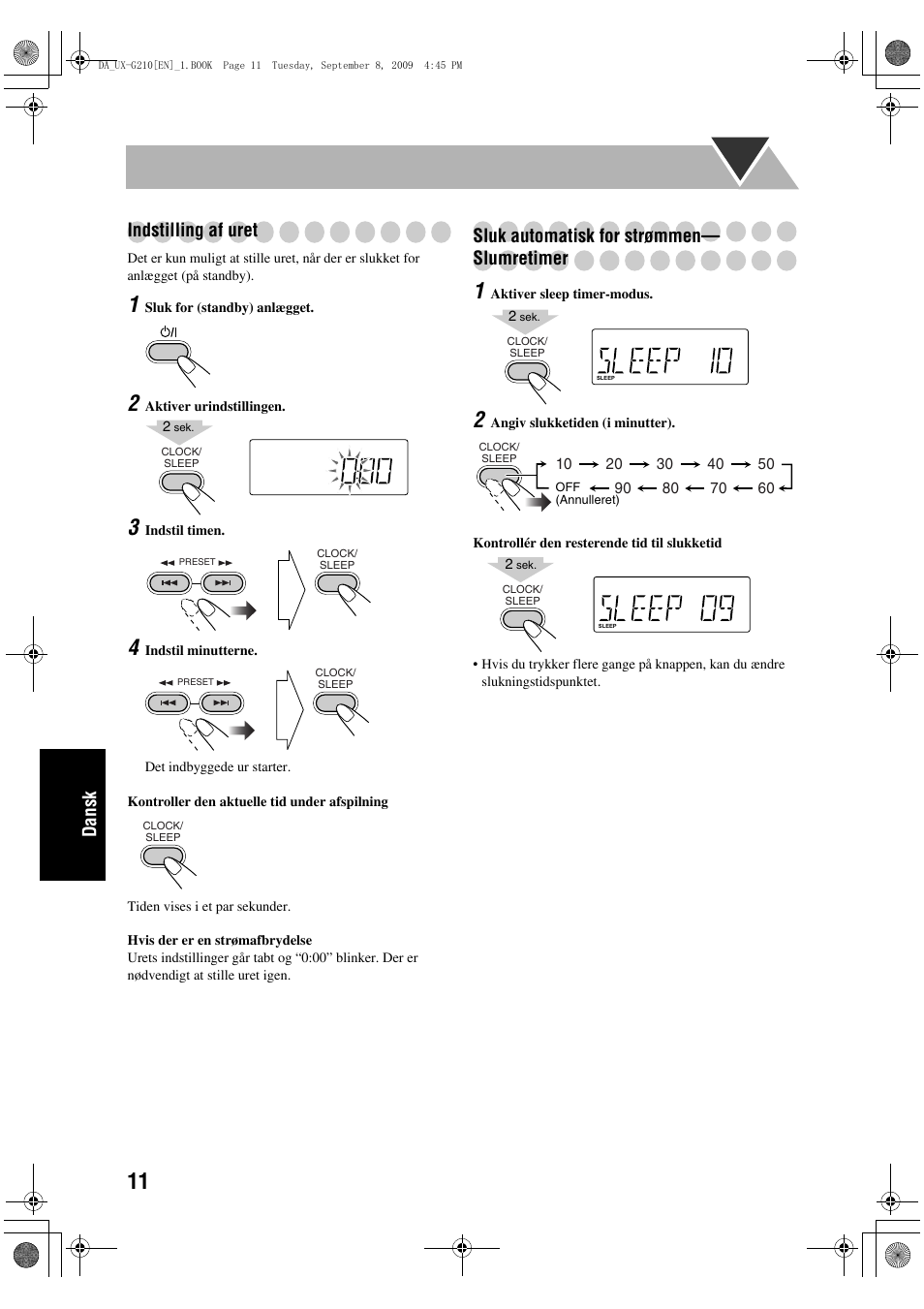 Dansk indstilling af uret, Sluk automatisk for strømmen— slumretimer | JVC UX-G210 User Manual | Page 100 / 111