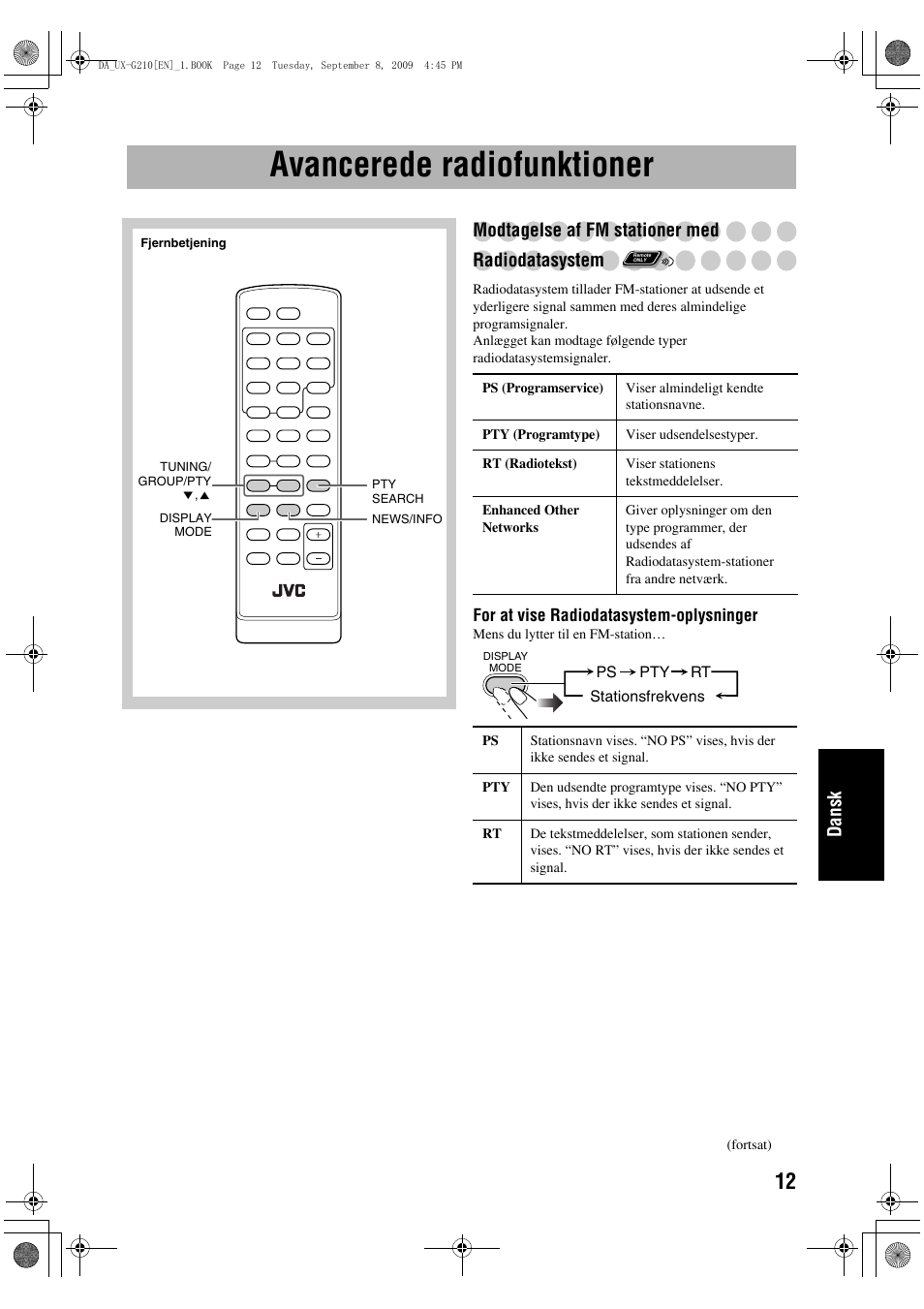 Avancerede radiofunktioner, Dansk, Modtagelse af fm stationer med radiodatasystem | JVC UX-G210 User Manual | Page 101 / 111