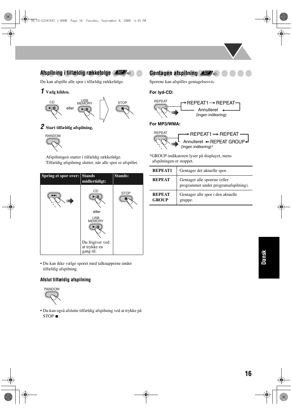 Dansk afspilning i tilfældig rækkefølge, Gentagen afspilning | JVC UX-G210 User Manual | Page 105 / 111