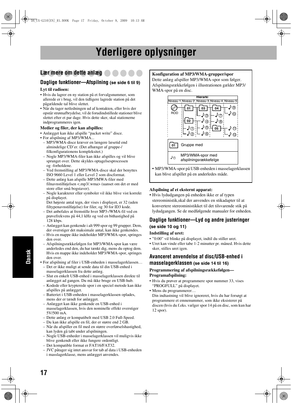 Yderligere oplysninger, Dansk, Lær mere om dette anlæg | Daglige funktioner—afspilning, Daglige funktioner—lyd og andre justeringer | JVC UX-G210 User Manual | Page 106 / 111