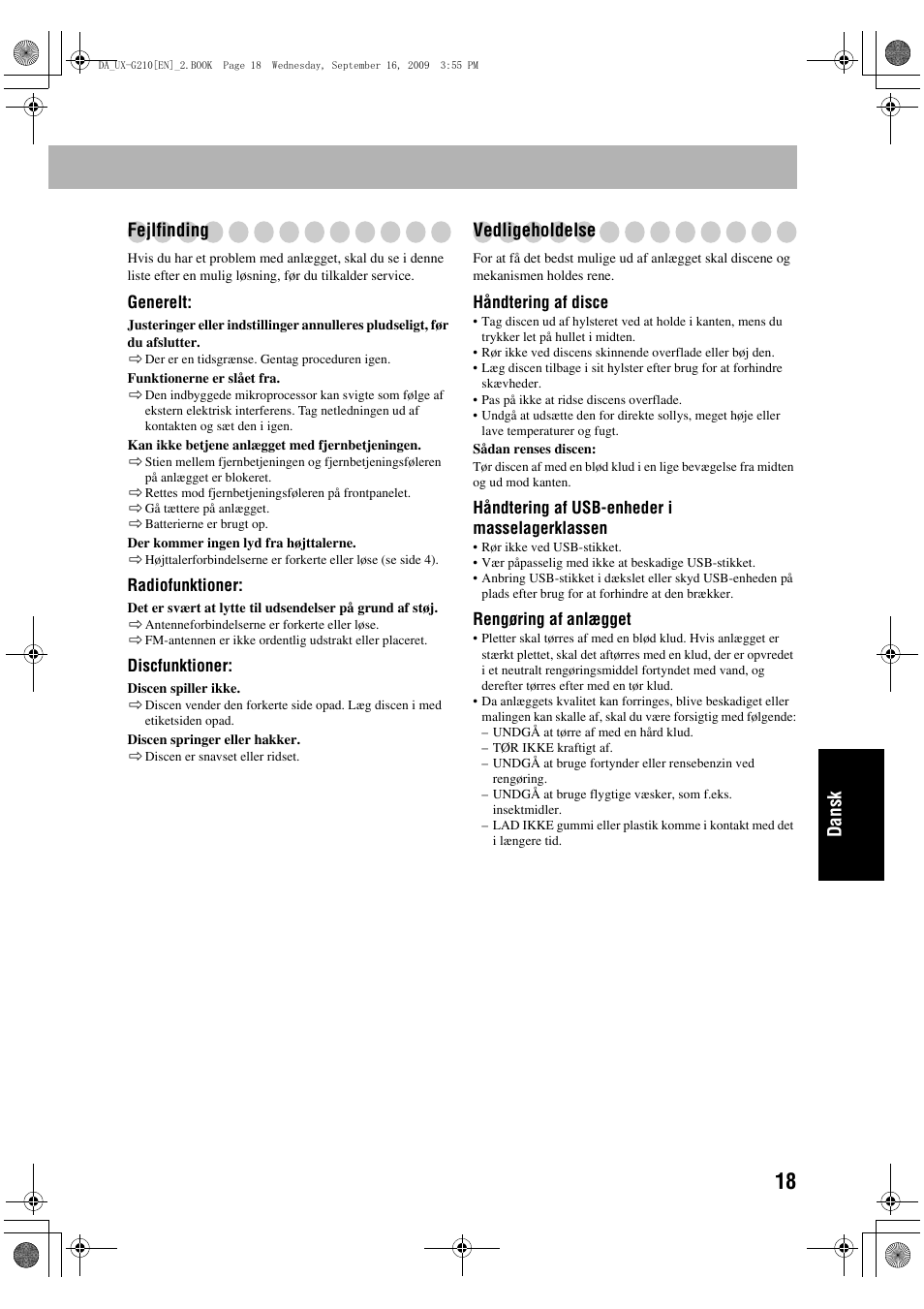 Dansk fejlfinding, Vedligeholdelse | JVC UX-G210 User Manual | Page 107 / 111