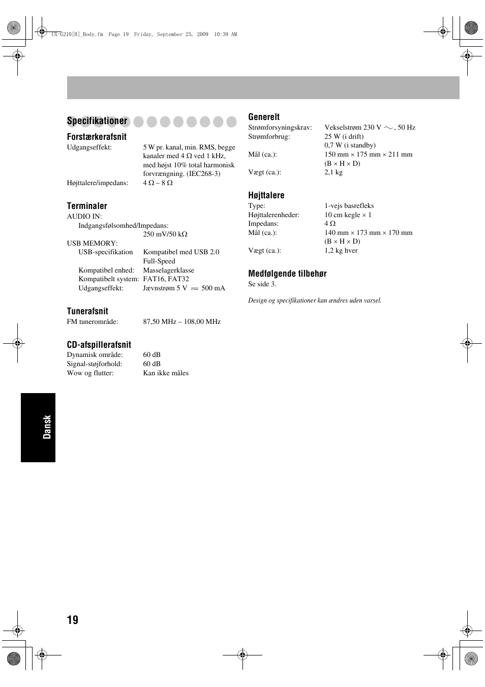 Dansk specifikationer | JVC UX-G210 User Manual | Page 108 / 111