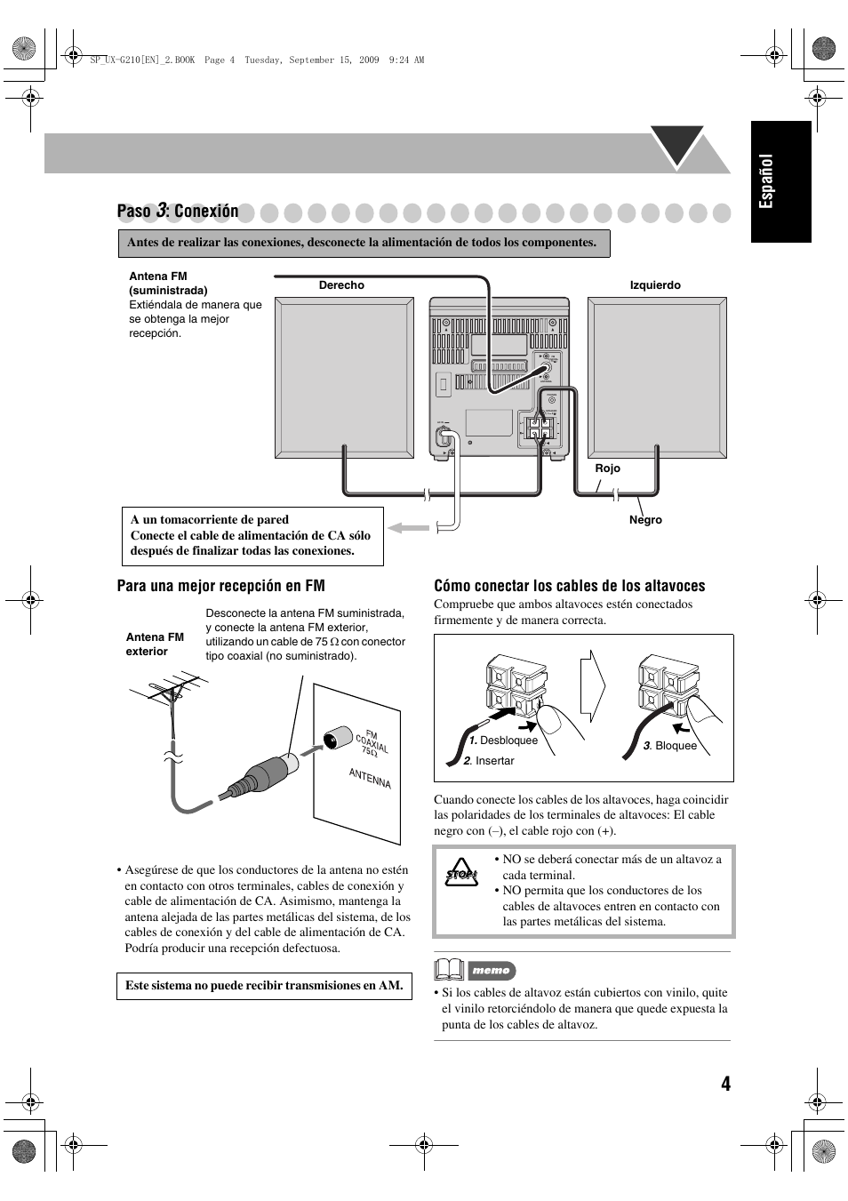 Español paso, Conexión, Para una mejor recepción en fm | Cómo conectar los cables de los altavoces | JVC UX-G210 User Manual | Page 13 / 111