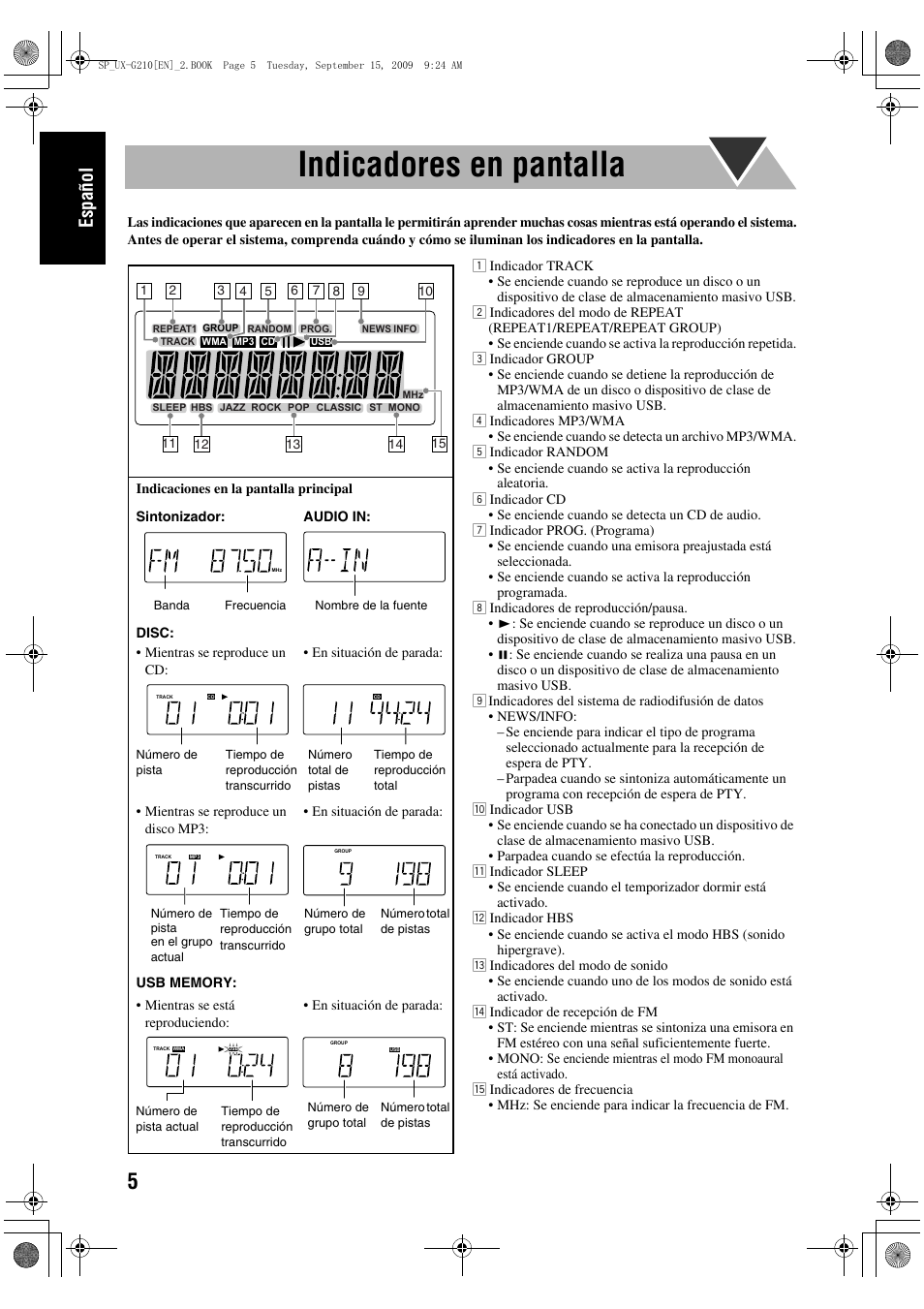 Indicadores en pantalla, Español | JVC UX-G210 User Manual | Page 14 / 111