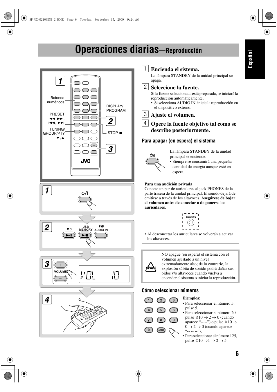 Operaciones diarias, Reproducción, Español | Encienda el sistema, Seleccione la fuente, Ajuste el volumen | JVC UX-G210 User Manual | Page 15 / 111