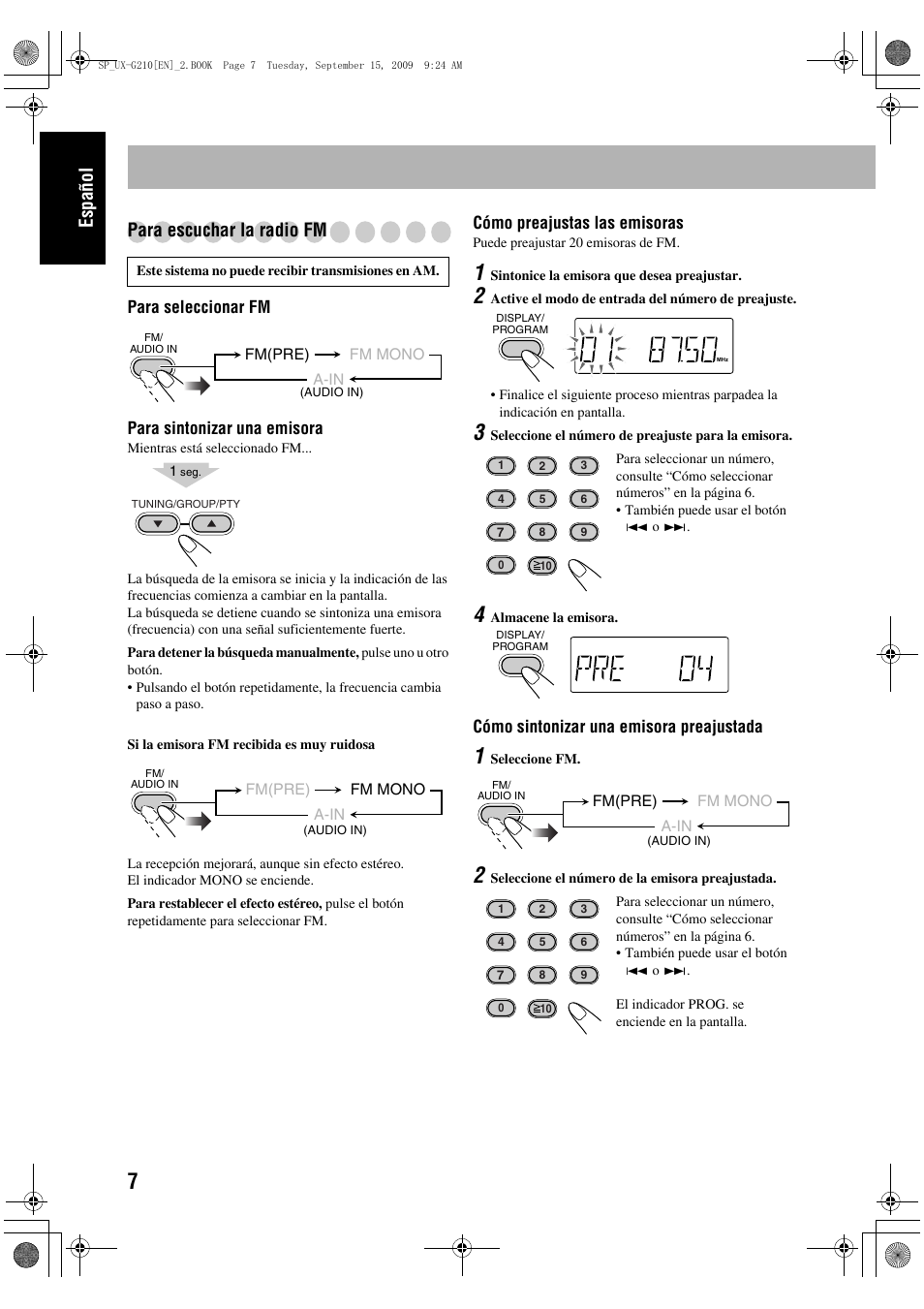 Español para escuchar la radio fm | JVC UX-G210 User Manual | Page 16 / 111