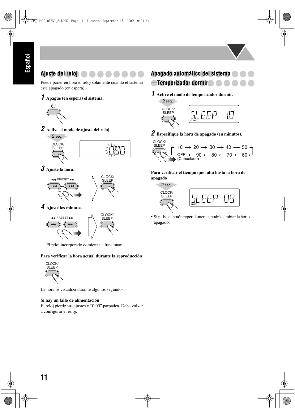 Español ajuste del reloj | JVC UX-G210 User Manual | Page 20 / 111