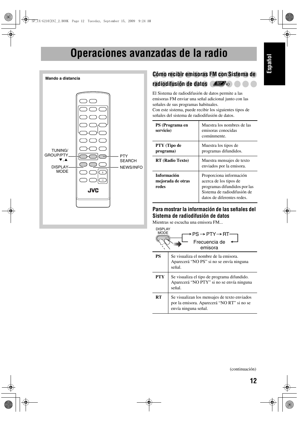 Operaciones avanzadas de la radio, Español | JVC UX-G210 User Manual | Page 21 / 111