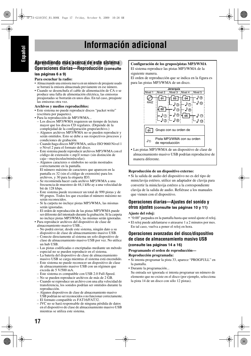 Información adicional, Español, Aprendiendo más acerca de este sistema | Operaciones diarias—reproducción | JVC UX-G210 User Manual | Page 26 / 111