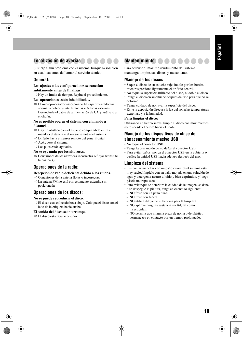 Español localización de averías, Mantenimiento | JVC UX-G210 User Manual | Page 27 / 111