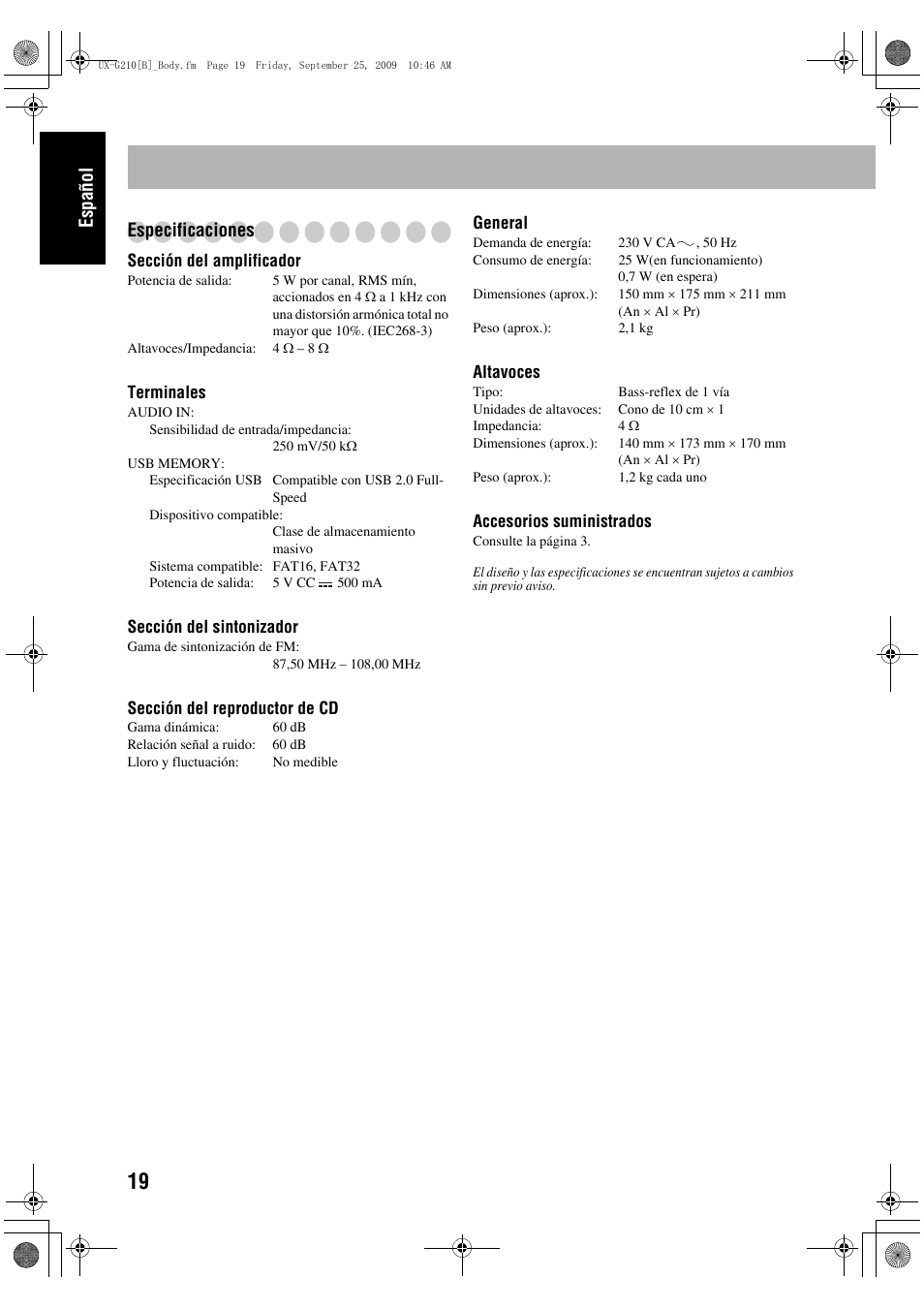 Español especificaciones | JVC UX-G210 User Manual | Page 28 / 111