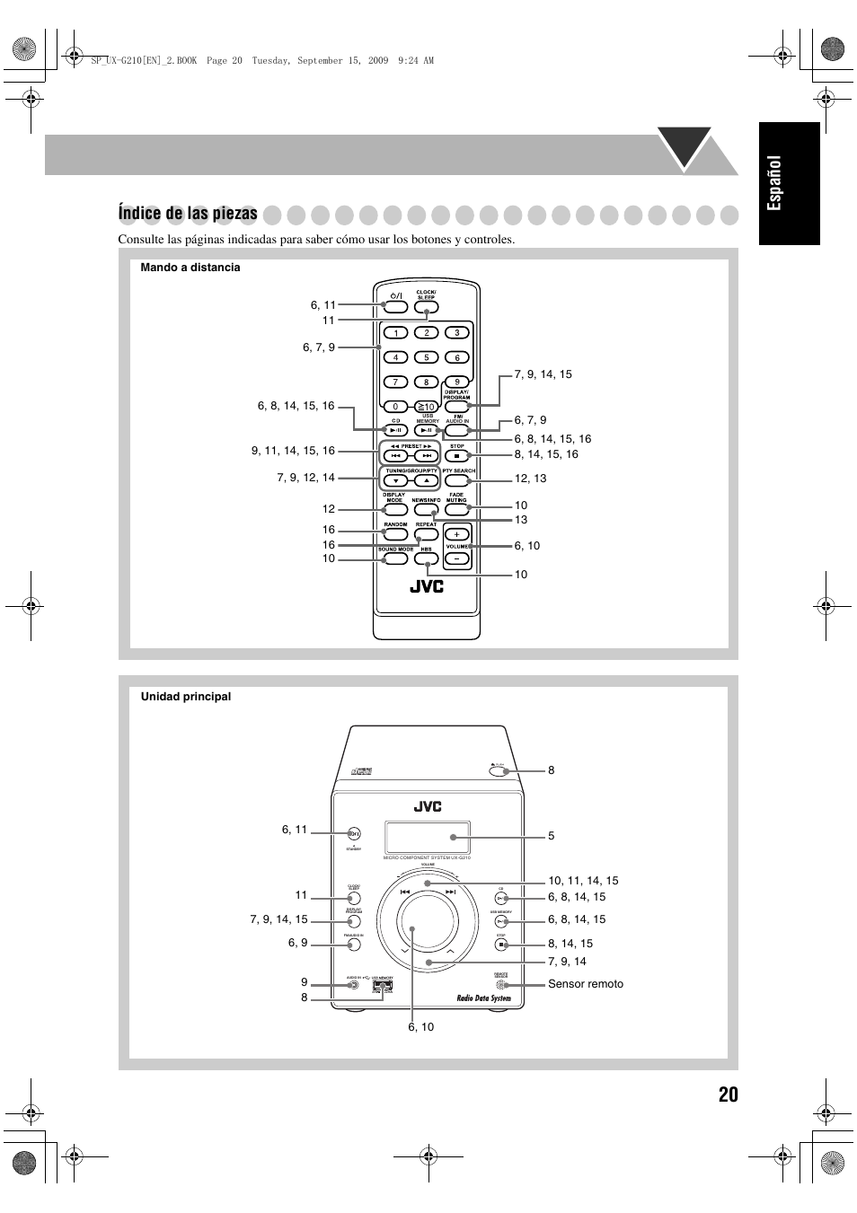 Español índice de las piezas | JVC UX-G210 User Manual | Page 29 / 111