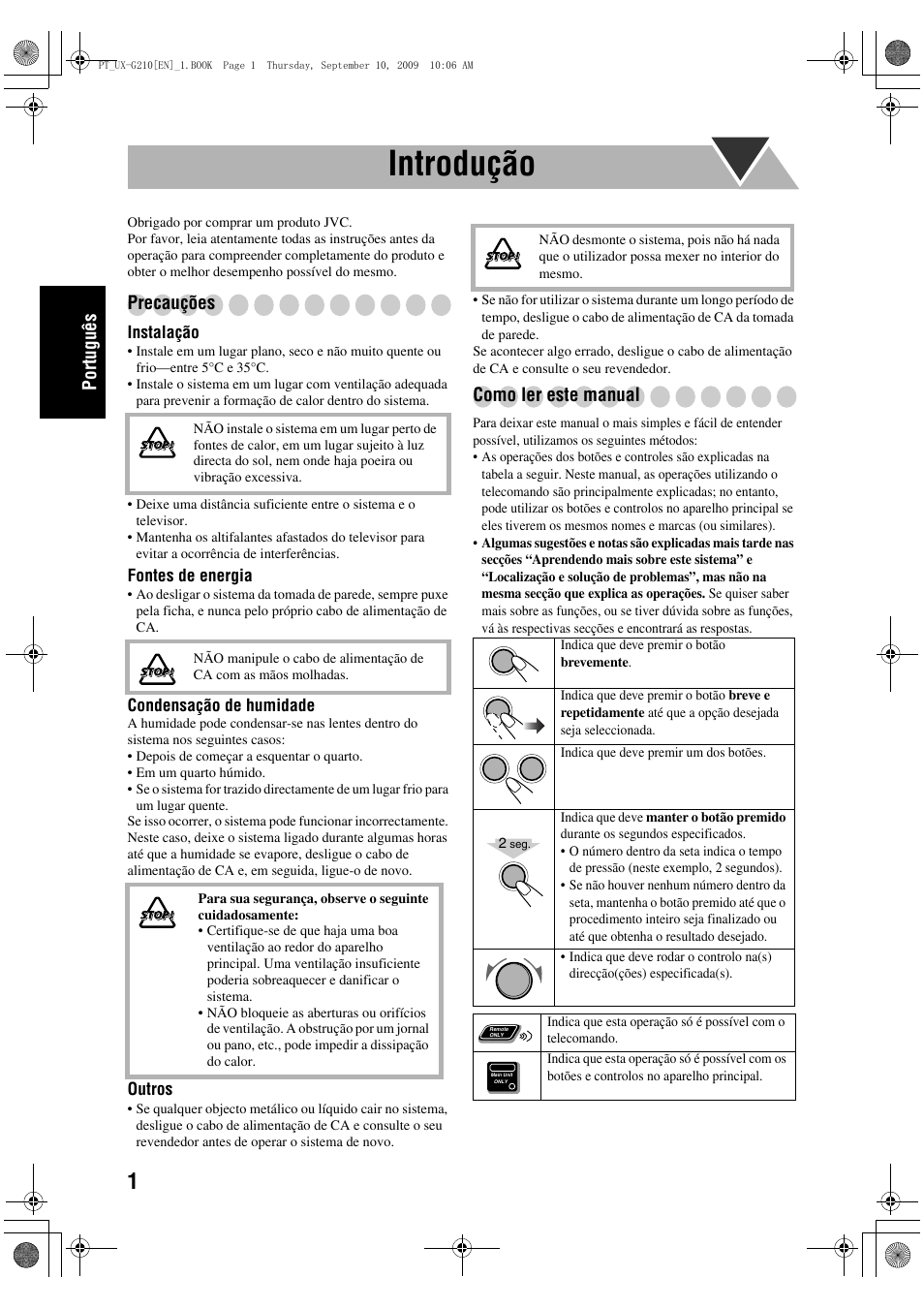 Introdução, Português, Precauções | Como ler este manual | JVC UX-G210 User Manual | Page 30 / 111