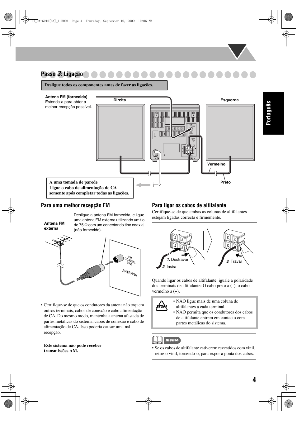 Português passo, Ligação, Para uma melhor recepção fm | Para ligar os cabos de altifalante | JVC UX-G210 User Manual | Page 33 / 111
