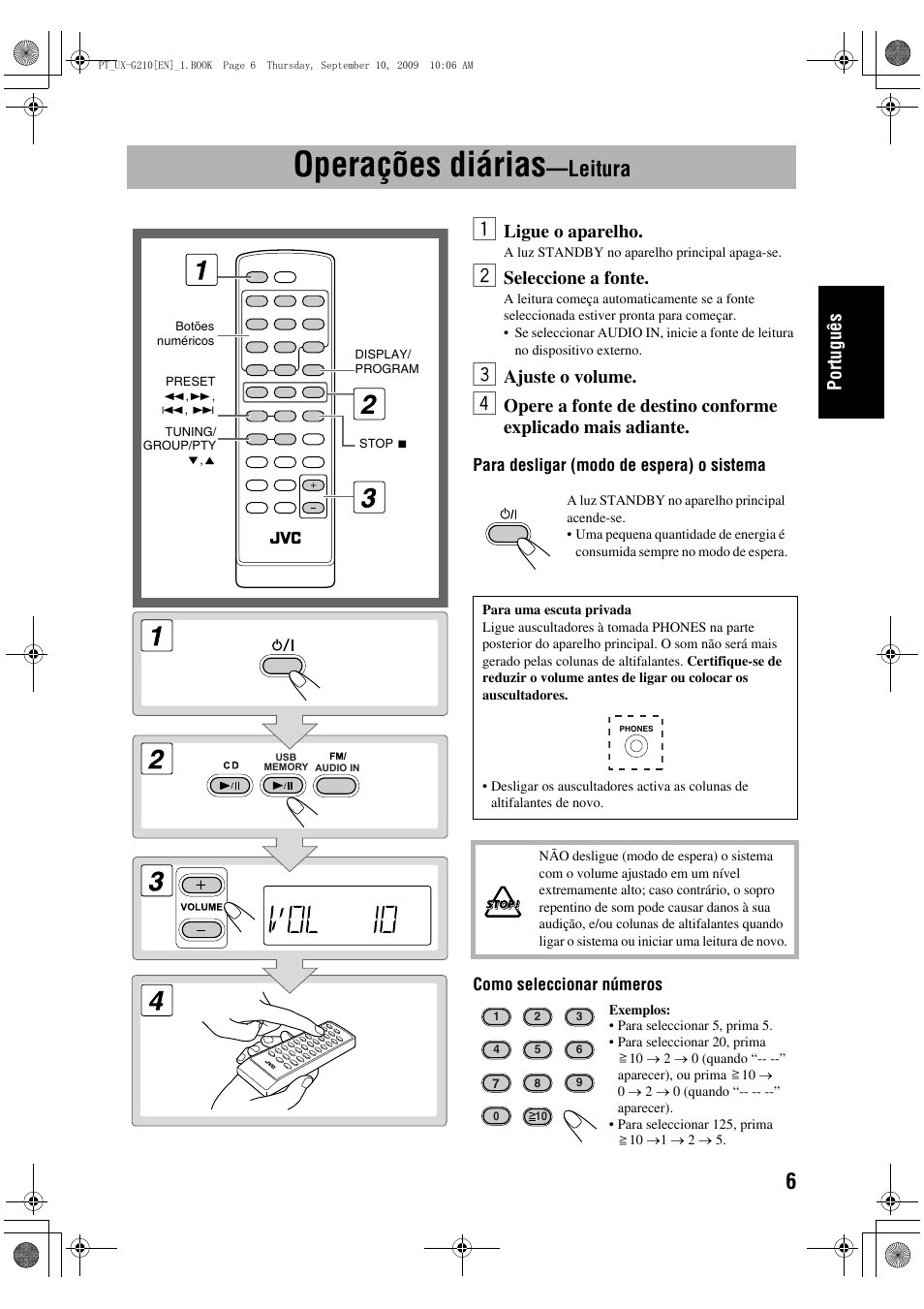 Operações diárias, Leitura, Português | Ligue o aparelho, Seleccione a fonte, Ajuste o volume | JVC UX-G210 User Manual | Page 35 / 111