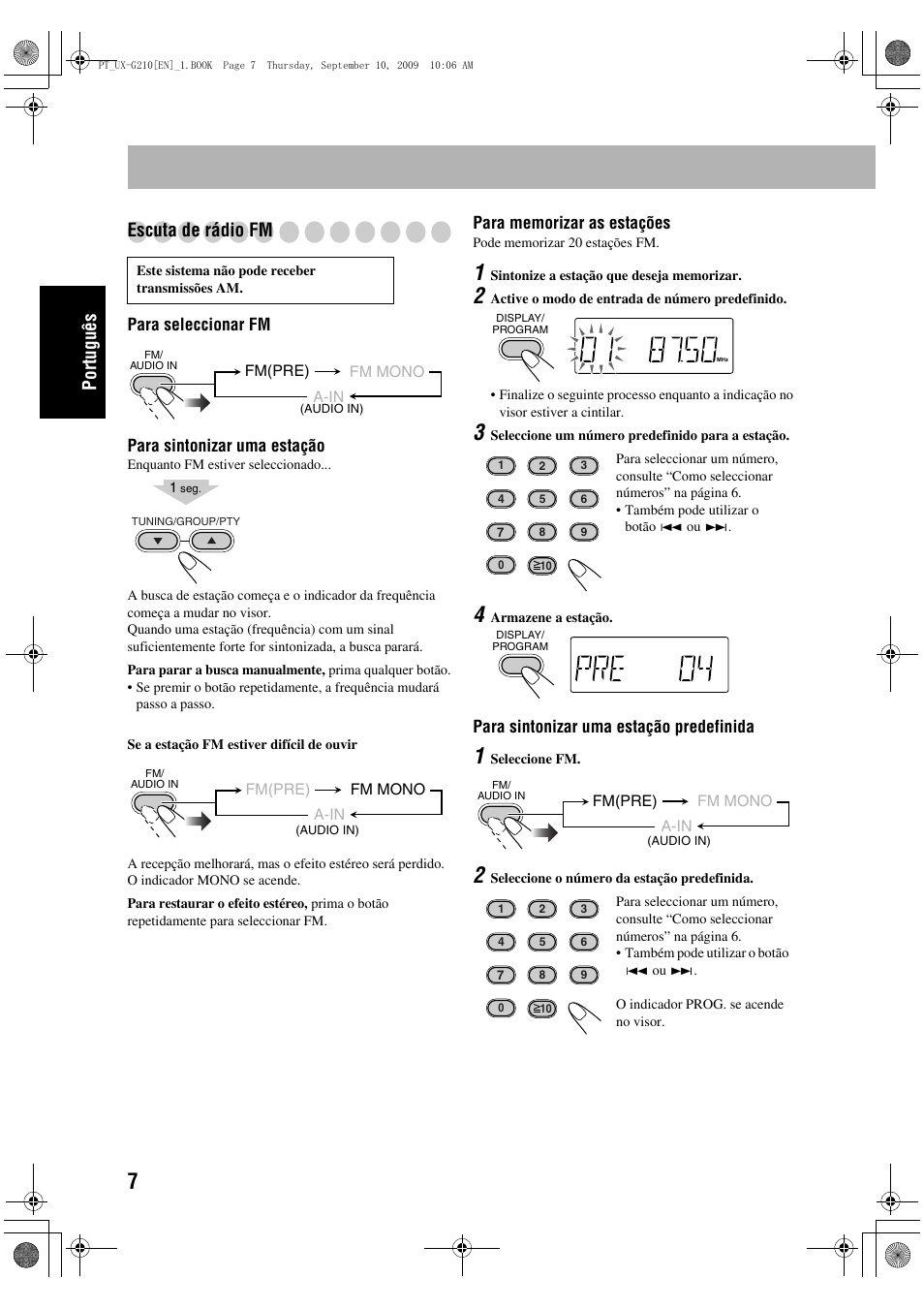 Português escuta de rádio fm | JVC UX-G210 User Manual | Page 36 / 111