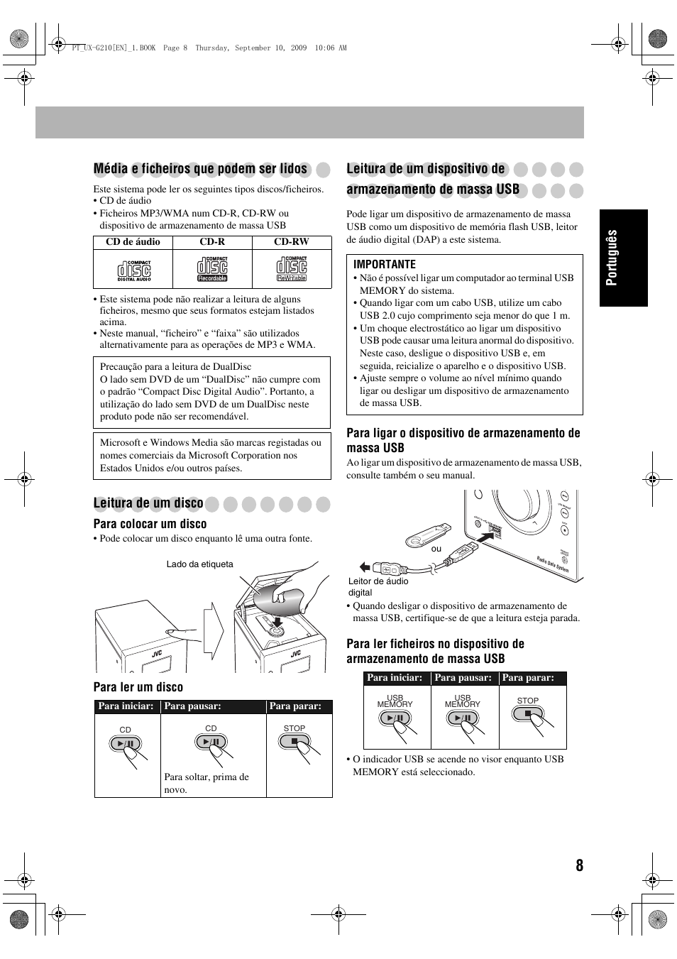 Português média e ficheiros que podem ser lidos, Leitura de um disco, Para colocar um disco | Para ler um disco | JVC UX-G210 User Manual | Page 37 / 111