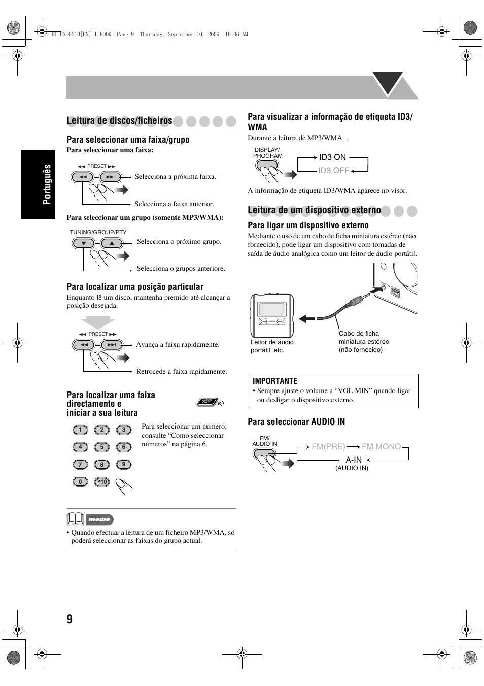Português leitura de discos/ficheiros, Leitura de um dispositivo externo, Para seleccionar uma faixa/grupo | Para localizar uma posição particular, Para visualizar a informação de etiqueta id3/ wma, Para ligar um dispositivo externo, Para seleccionar audio in | JVC UX-G210 User Manual | Page 38 / 111
