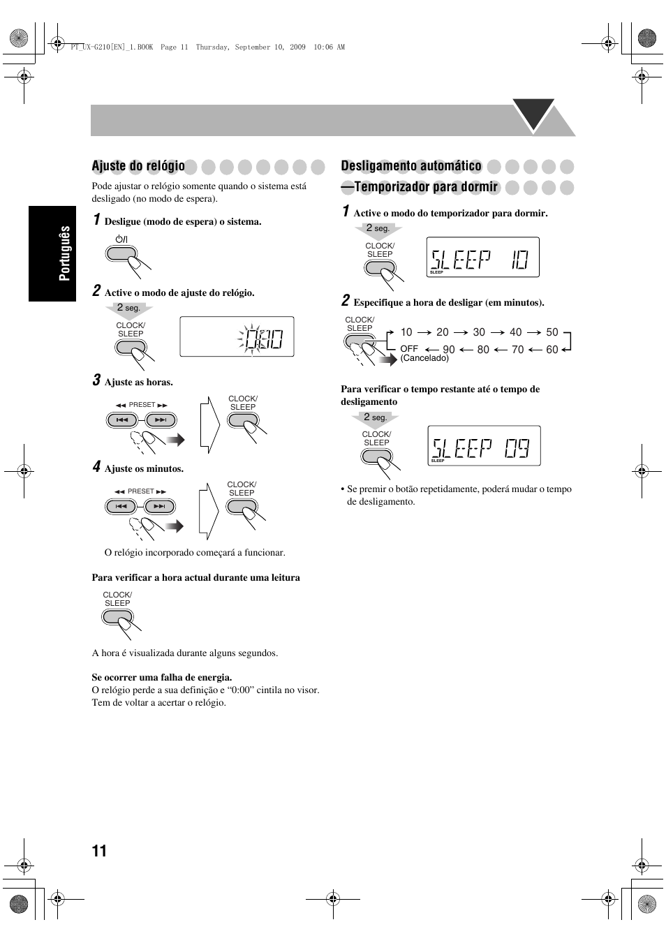 Português ajuste do relógio, Desligamento automático —temporizador para dormir | JVC UX-G210 User Manual | Page 40 / 111