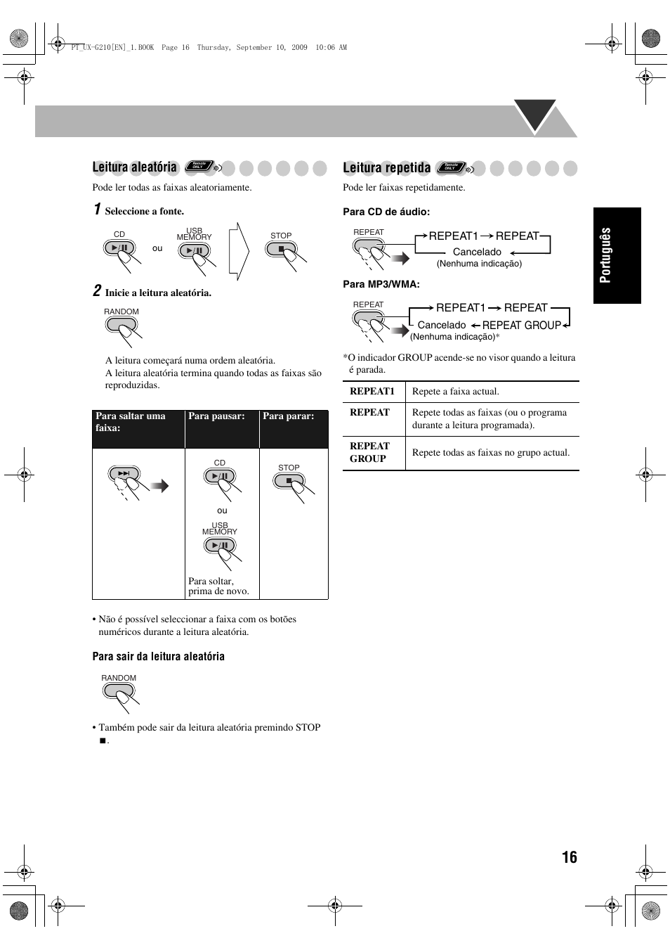 Português leitura aleatória, Leitura repetida | JVC UX-G210 User Manual | Page 45 / 111