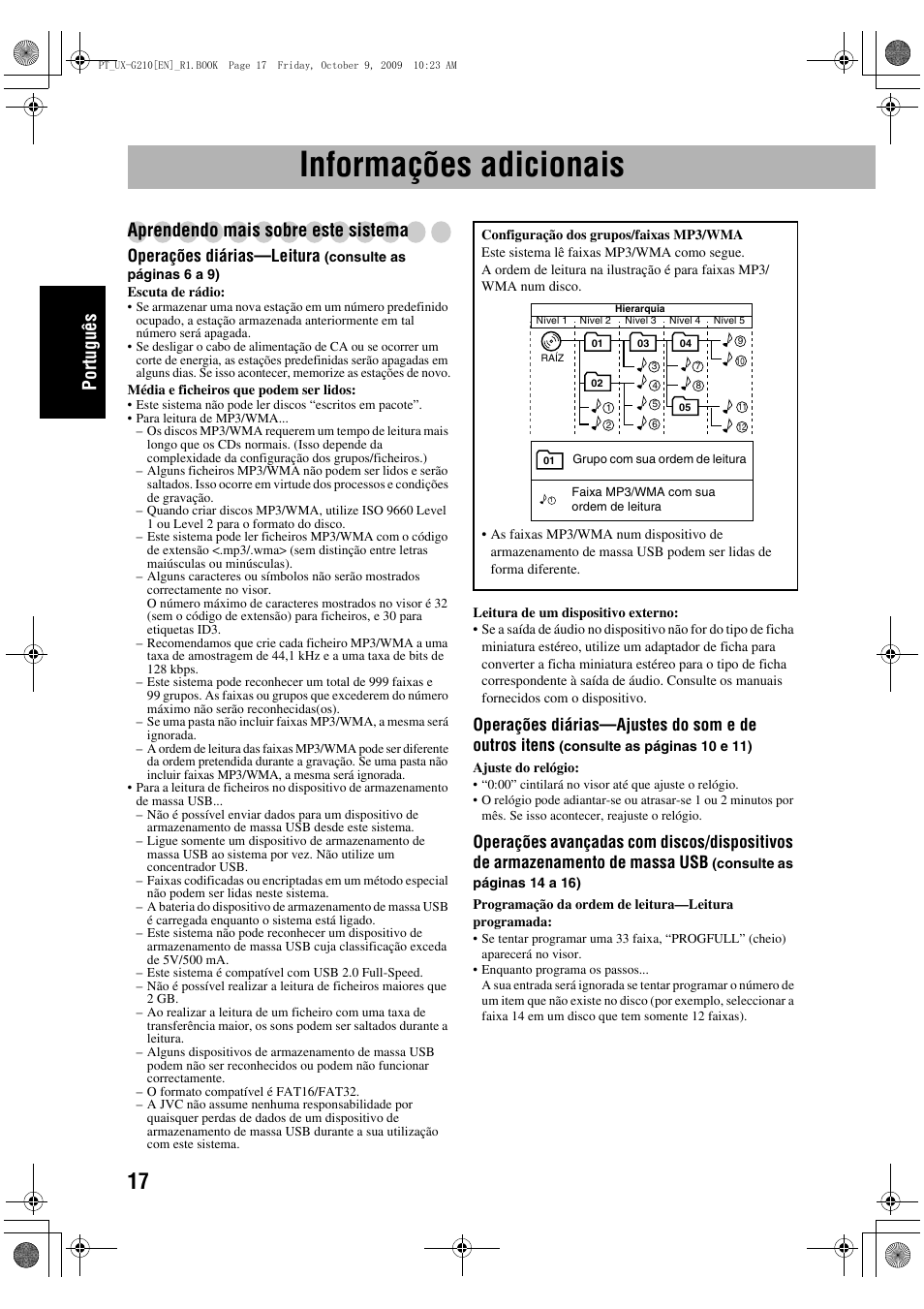 Informações adicionais, Português, Aprendendo mais sobre este sistema | Operações diárias—leitura, Operações diárias—ajustes do som e de outros itens | JVC UX-G210 User Manual | Page 46 / 111