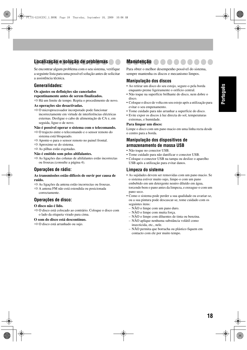 Português localização e solução de problemas, Manutenção | JVC UX-G210 User Manual | Page 47 / 111