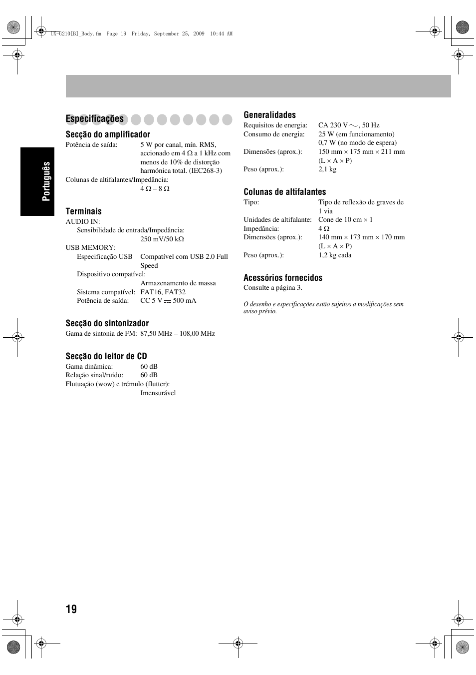 Português especificações | JVC UX-G210 User Manual | Page 48 / 111
