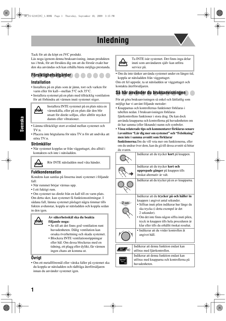 Inledning, Sve n ska, Försiktighetsåtgärder | Så här använder du bruksanvisningen | JVC UX-G210 User Manual | Page 50 / 111