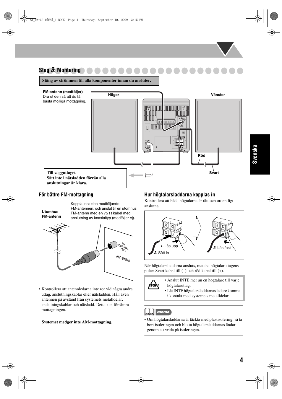 Sve n ska steg, Montering, För bättre fm-mottagning | Hur högtalarsladdarna kopplas in | JVC UX-G210 User Manual | Page 53 / 111