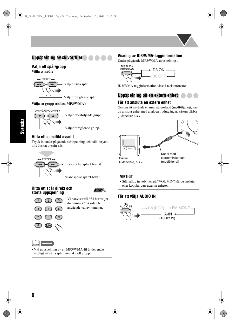 Sve n ska uppspelning av skivor/filer, Uppspelning på en extern enhet | JVC UX-G210 User Manual | Page 58 / 111