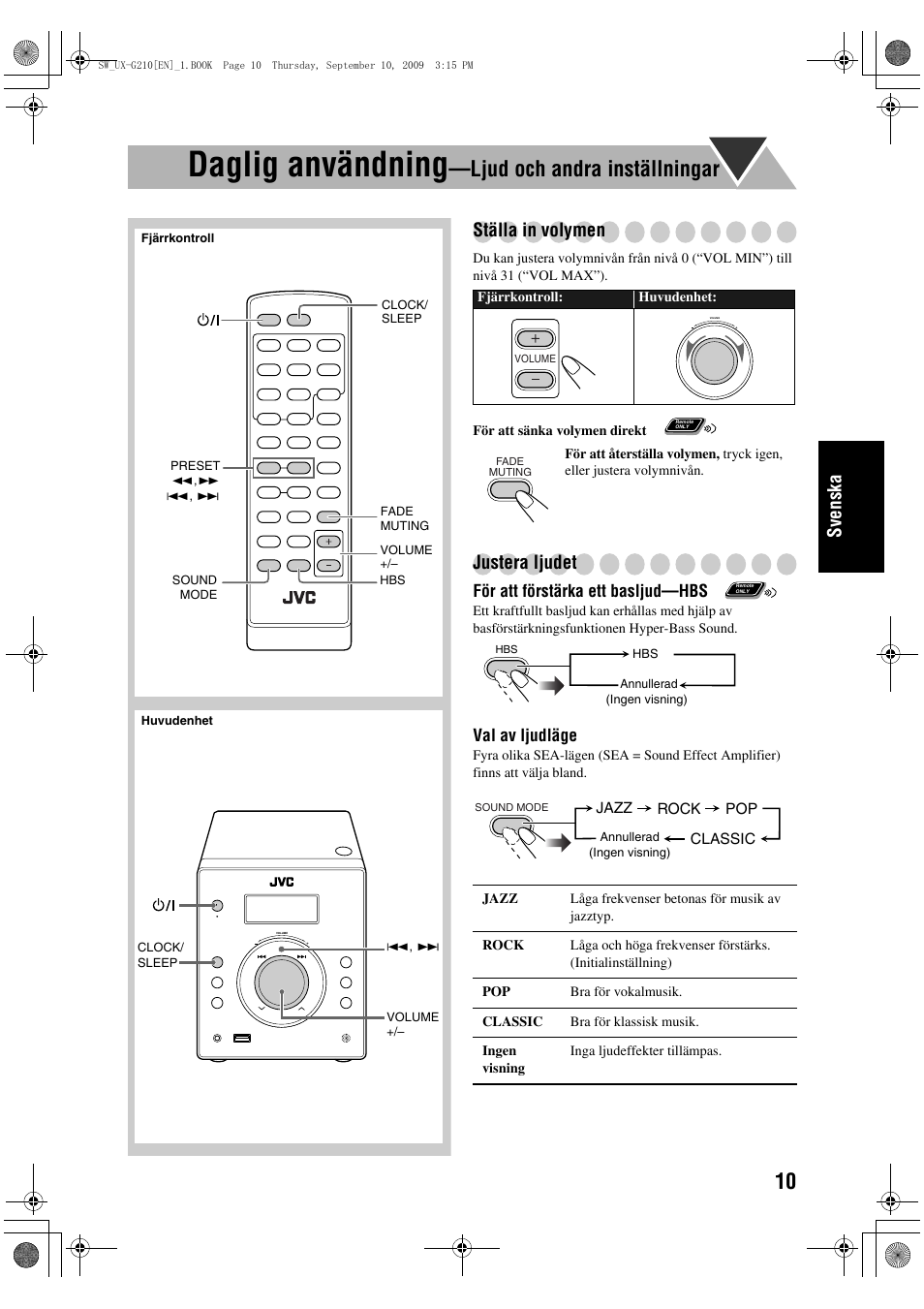 Daglig användning, Ljud och andra inställningar, Sve n ska | Ställa in volymen, Justera ljudet | JVC UX-G210 User Manual | Page 59 / 111
