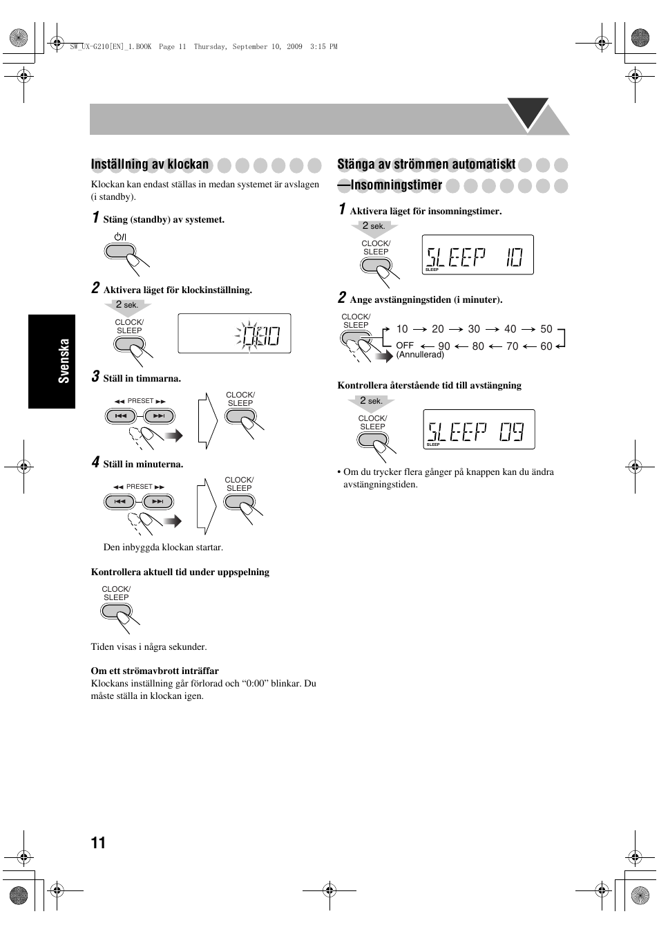 Sve n ska inställning av klockan, Stänga av strömmen automatiskt —insomningstimer | JVC UX-G210 User Manual | Page 60 / 111
