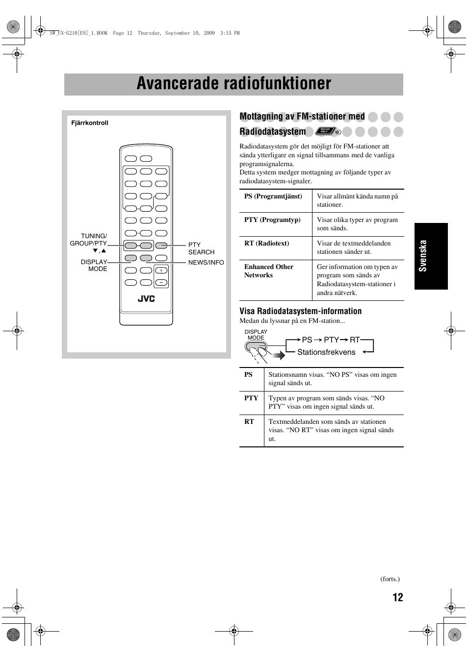 Avancerade radiofunktioner, Sve n ska, Mottagning av fm-stationer med radiodatasystem | JVC UX-G210 User Manual | Page 61 / 111