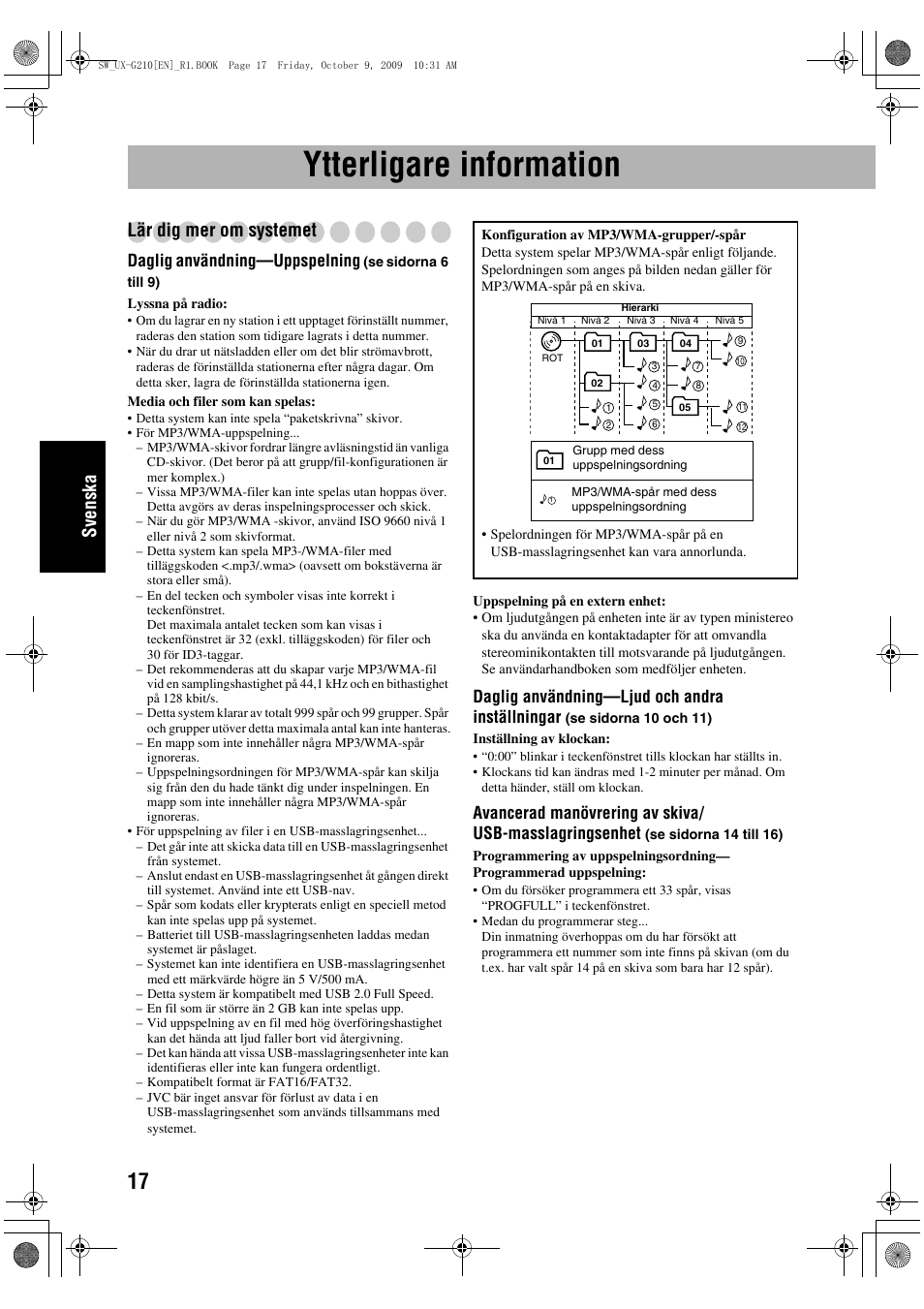 Ytterligare information, Sve n ska, Lär dig mer om systemet | Daglig användning—uppspelning, Daglig användning—ljud och andra inställningar | JVC UX-G210 User Manual | Page 66 / 111