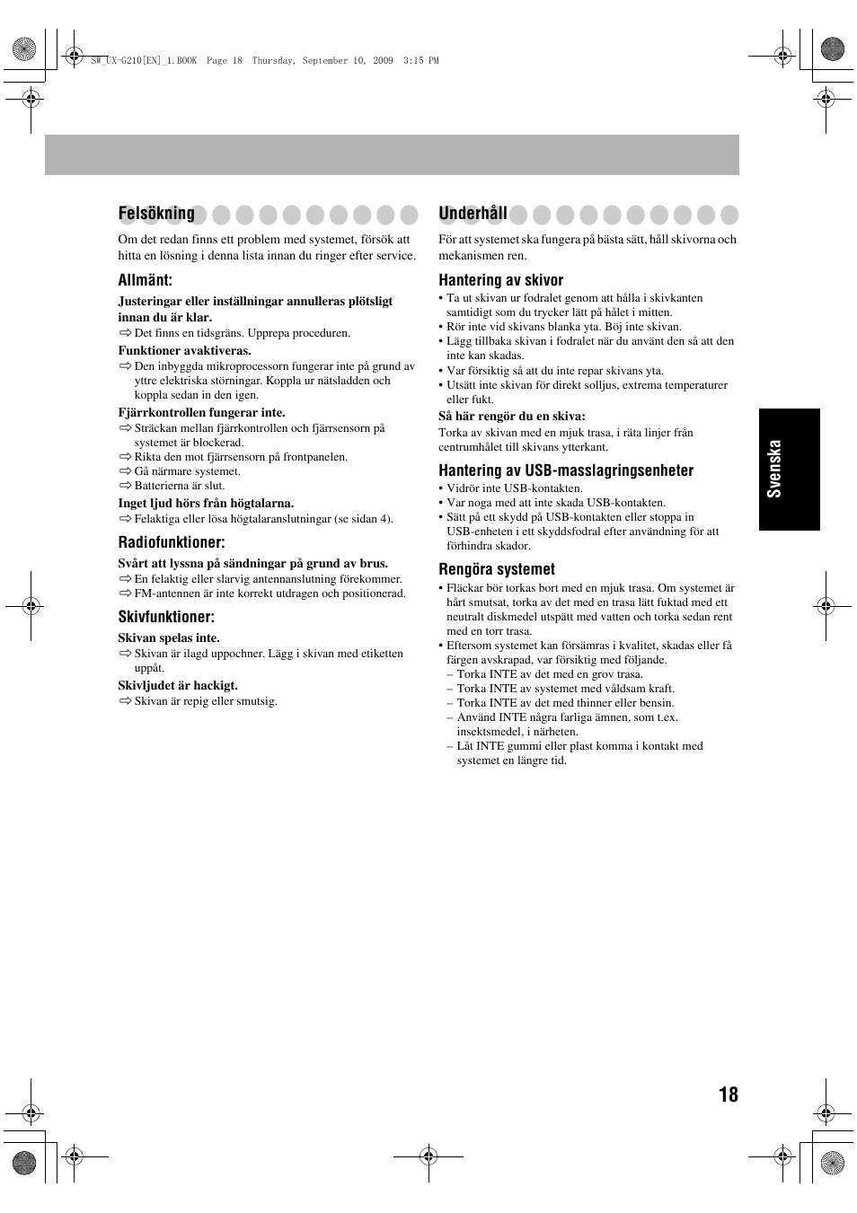Sve n ska felsökning, Underhåll | JVC UX-G210 User Manual | Page 67 / 111