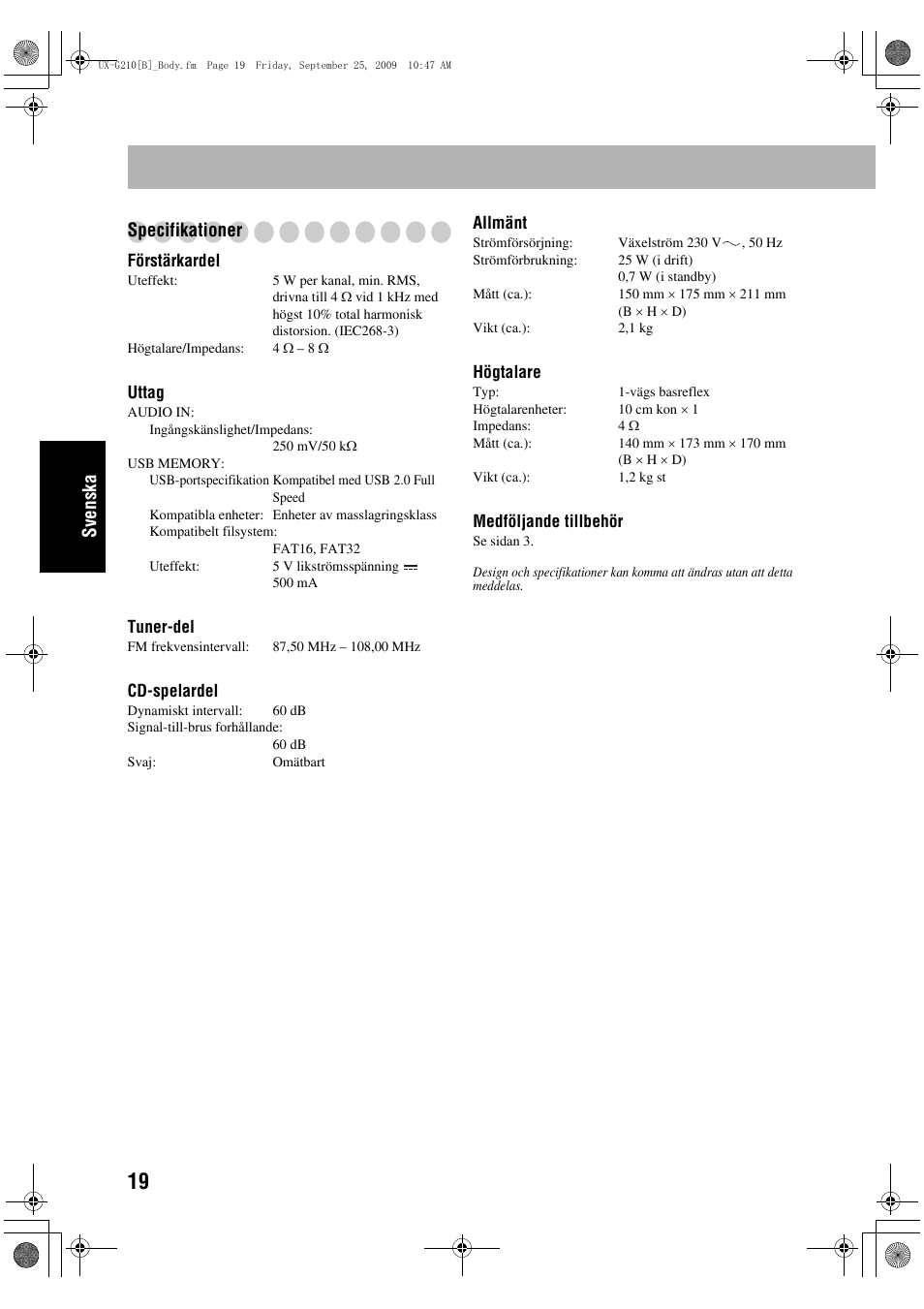 Sve n ska specifikationer | JVC UX-G210 User Manual | Page 68 / 111