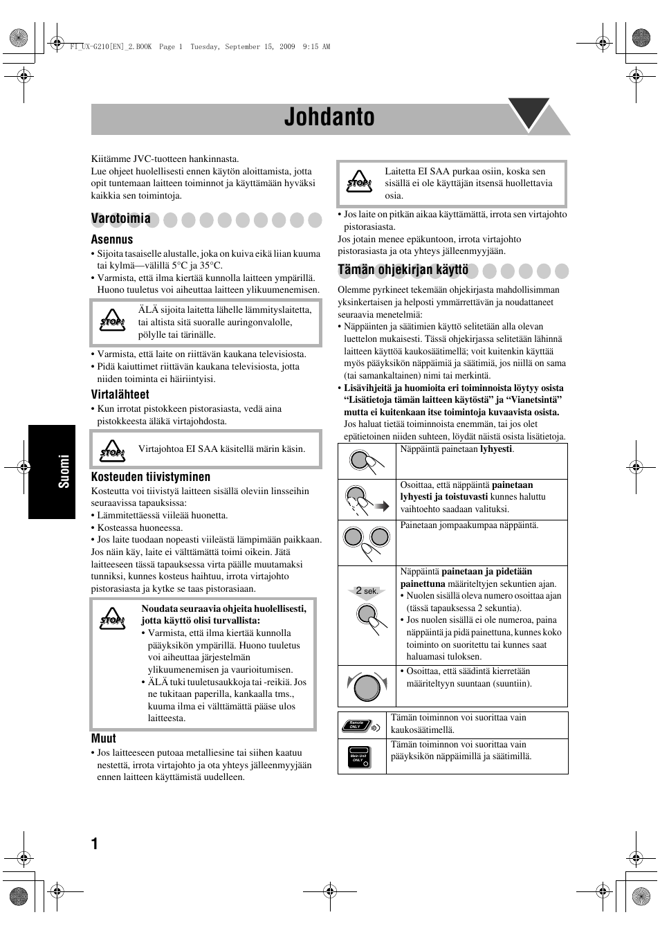 Johdanto, Suomi, Varotoimia | Tämän ohjekirjan käyttö | JVC UX-G210 User Manual | Page 70 / 111