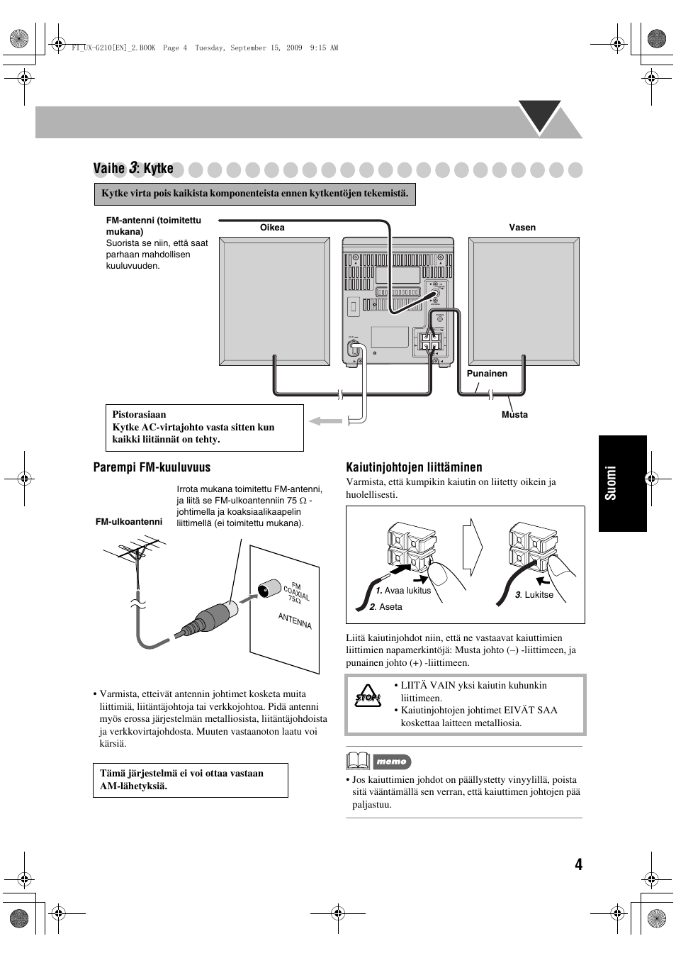 Suomi vaihe, Kytke, Parempi fm-kuuluvuus | Kaiutinjohtojen liittäminen | JVC UX-G210 User Manual | Page 73 / 111