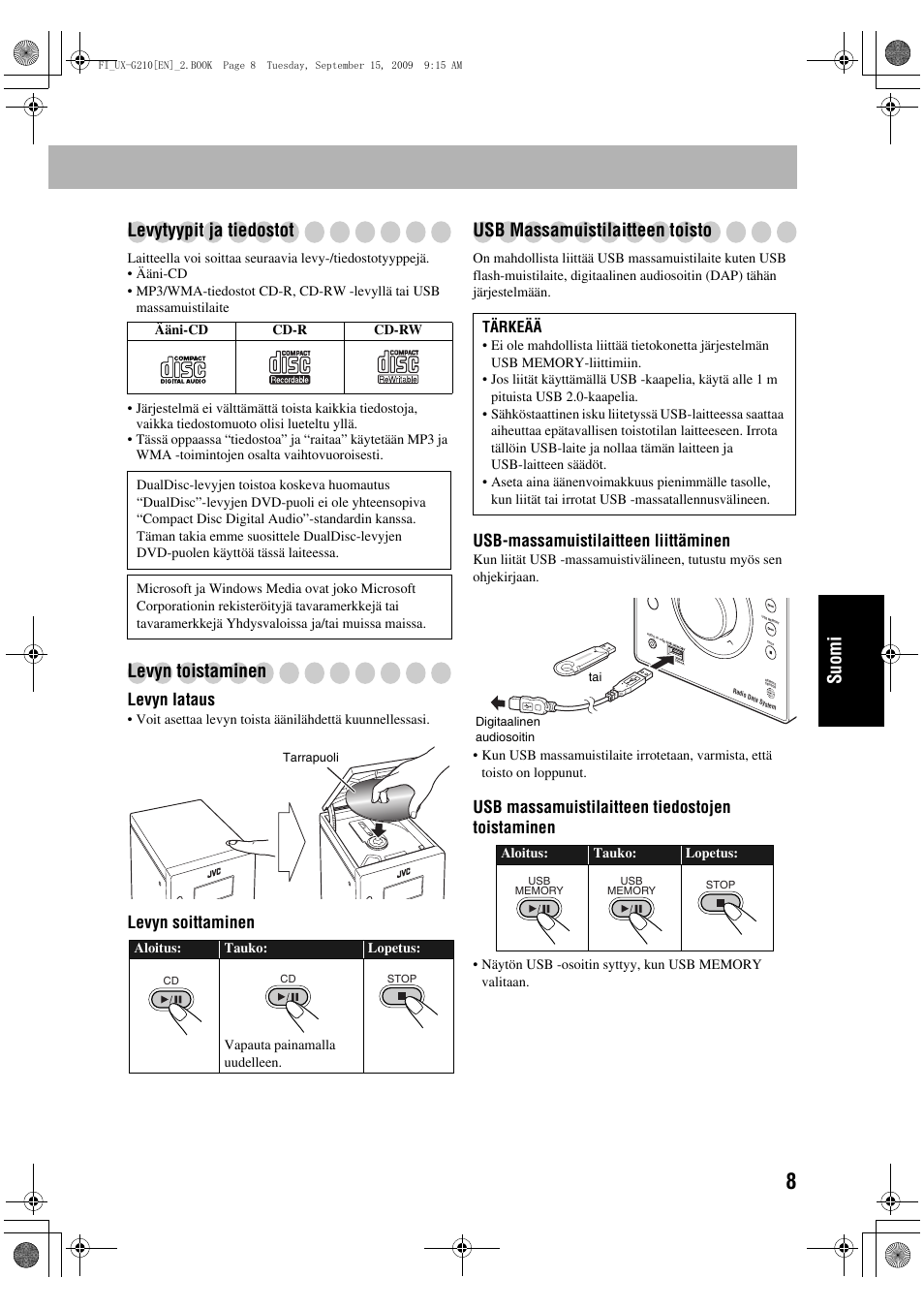 Suomi levytyypit ja tiedostot, Levyn toistaminen, Usb massamuistilaitteen toisto | Levyn lataus, Levyn soittaminen, Usb-massamuistilaitteen liittäminen, Usb massamuistilaitteen tiedostojen toistaminen | JVC UX-G210 User Manual | Page 77 / 111