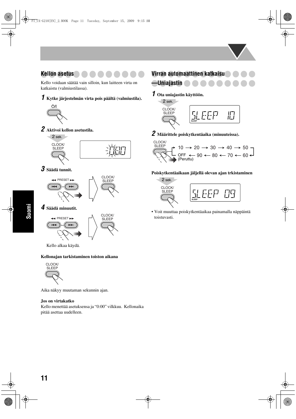 Suomi kellon asetus, Virran automaattinen katkaisu —uniajastin | JVC UX-G210 User Manual | Page 80 / 111