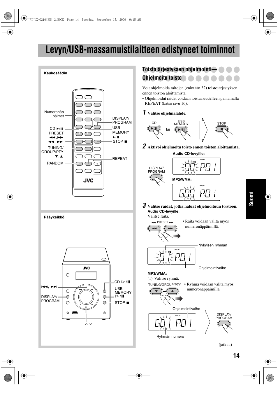 Levyn/usb-massamuistilaitteen edistyneet toiminnot, Suomi, Toistojärjestyksen ohjelmointi— ohjelmoitu toisto | JVC UX-G210 User Manual | Page 83 / 111