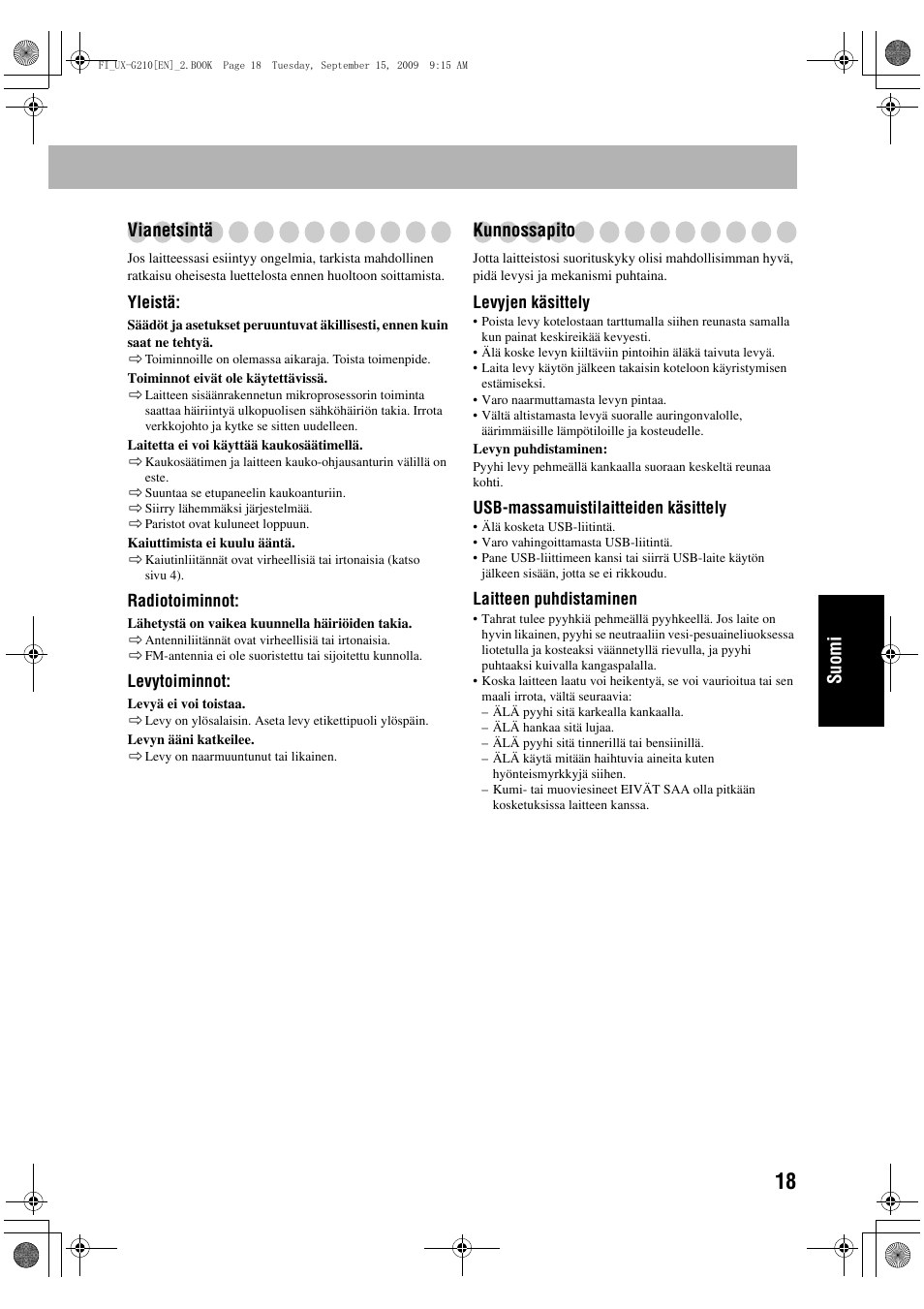 Suomi vianetsintä, Kunnossapito | JVC UX-G210 User Manual | Page 87 / 111