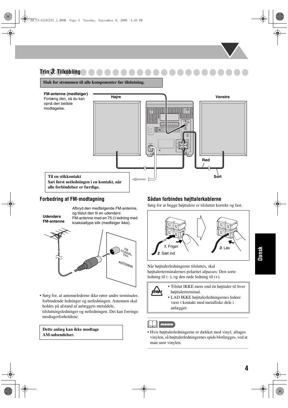 Dansk trin, Tilkobling, Forbedring af fm-modtagning | Sådan forbindes højttalerkablerne | JVC UX-G210 User Manual | Page 93 / 111