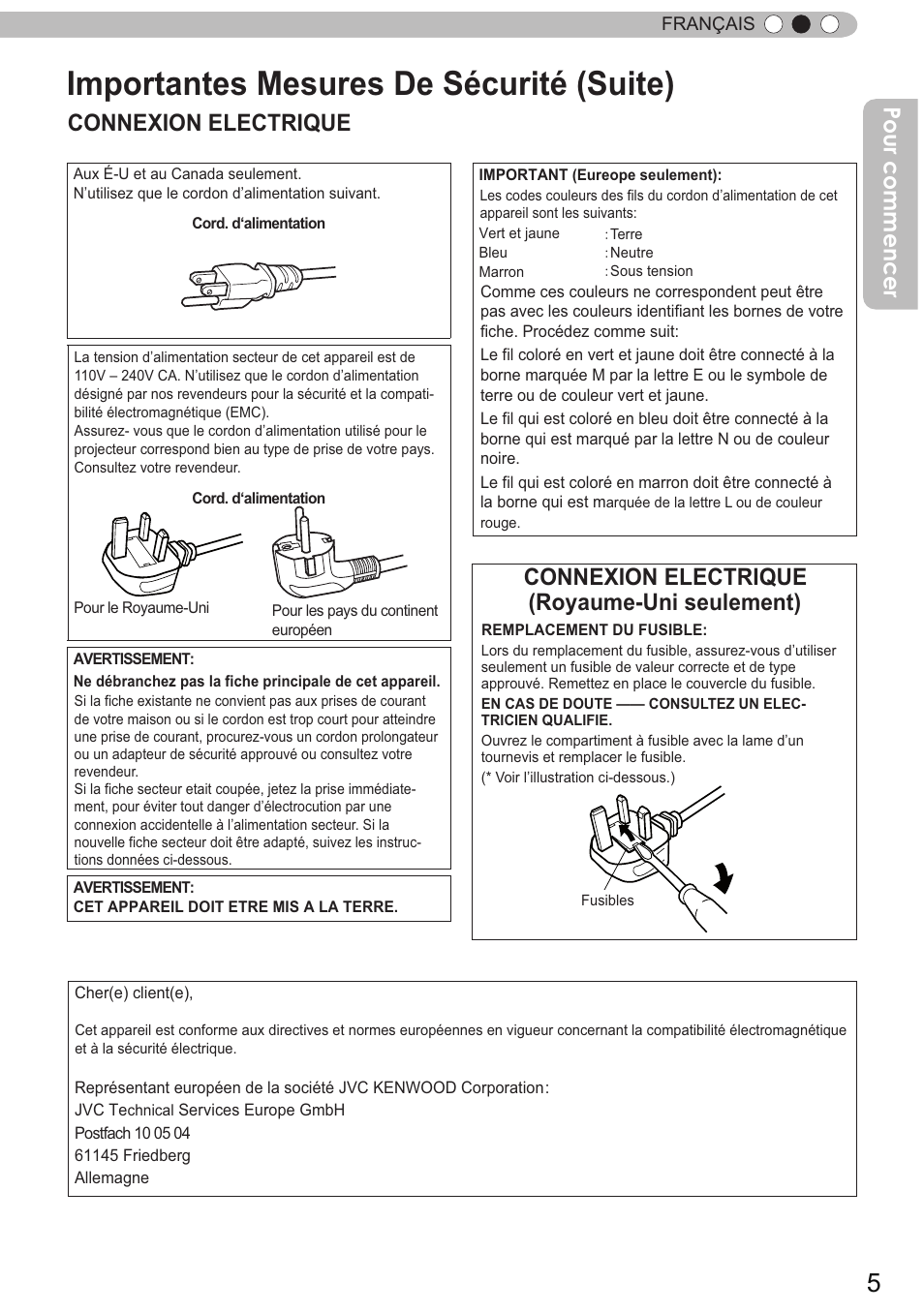 Importantes mesures de sécurité (suite), Connexion electrique, Connexion electrique (royaume-uni seulement) | Pour commencer | JVC DLA-X90 User Manual | Page 101 / 289