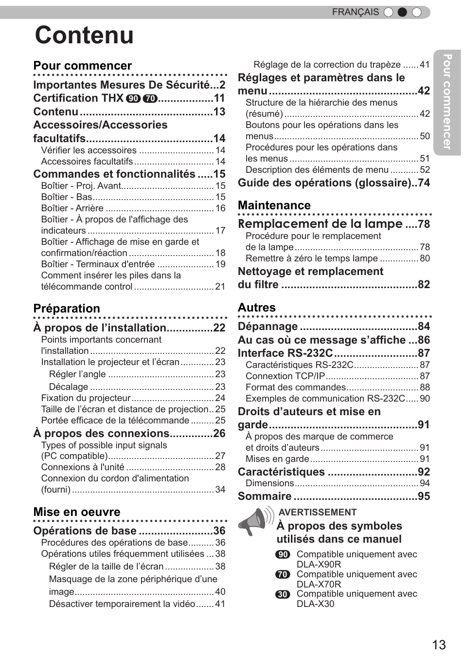 Contenu, Pour commencer, Préparation | Mise en oeuvre, Maintenance remplacement de la lampe, Autres | JVC DLA-X90 User Manual | Page 109 / 289