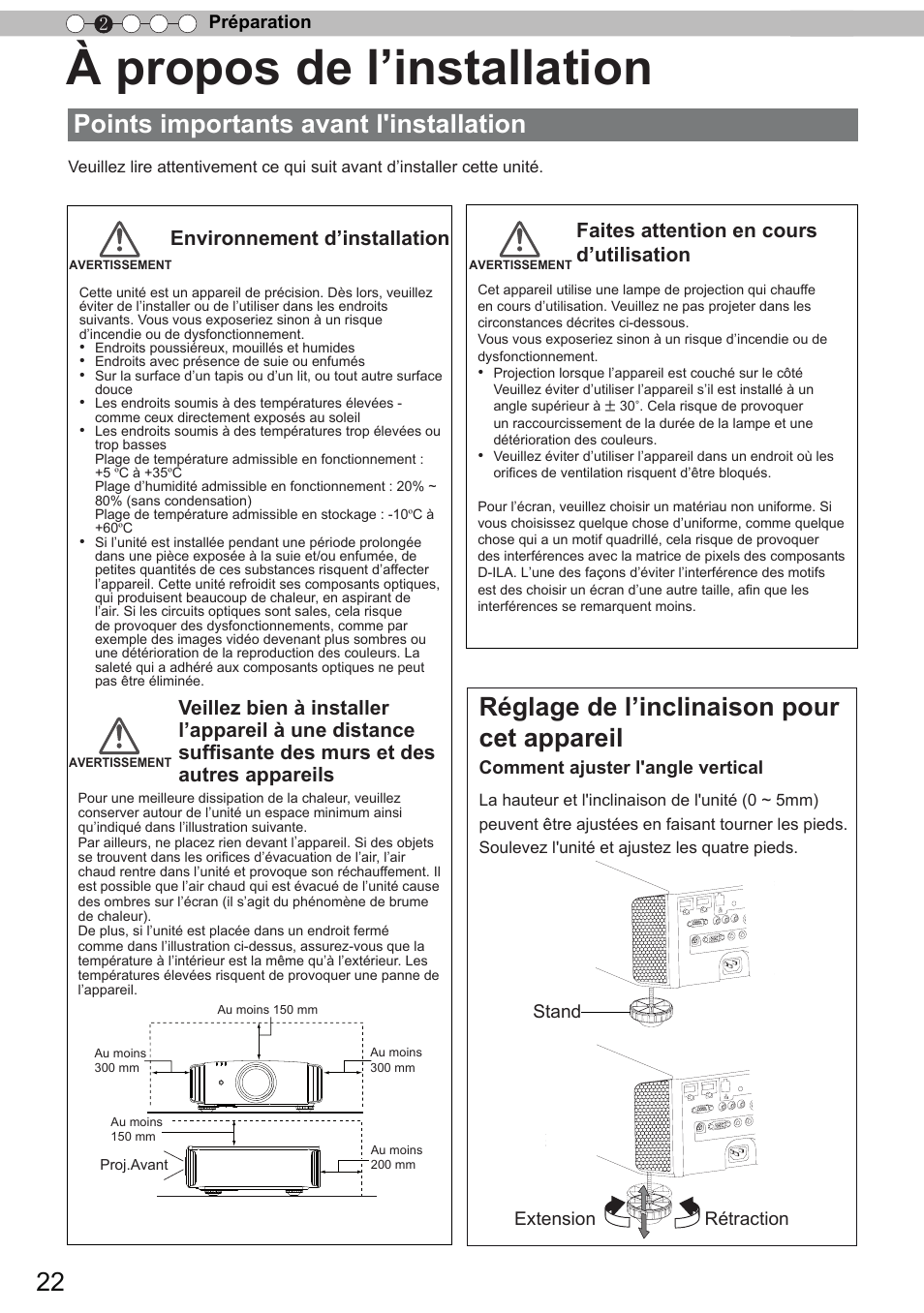 À propos de l’installation, Points importants avant l'installation, Réglage de l’inclinaison pour cet appareil | JVC DLA-X90 User Manual | Page 118 / 289