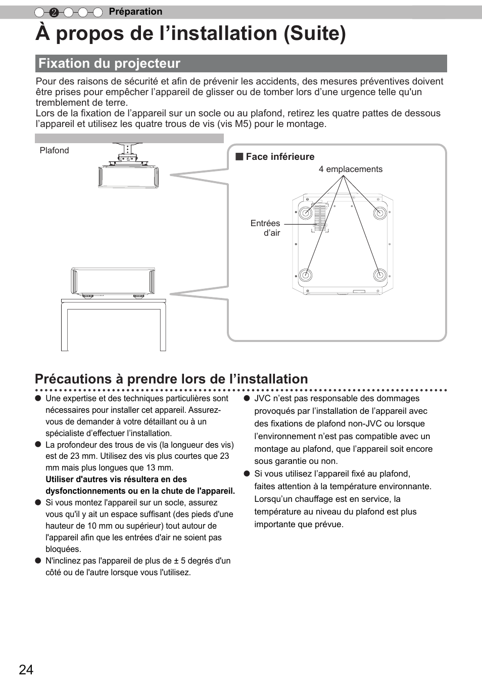 À propos de l’installation (suite), Fixation du projecteur, Précautions à prendre lors de l’installation | JVC DLA-X90 User Manual | Page 120 / 289