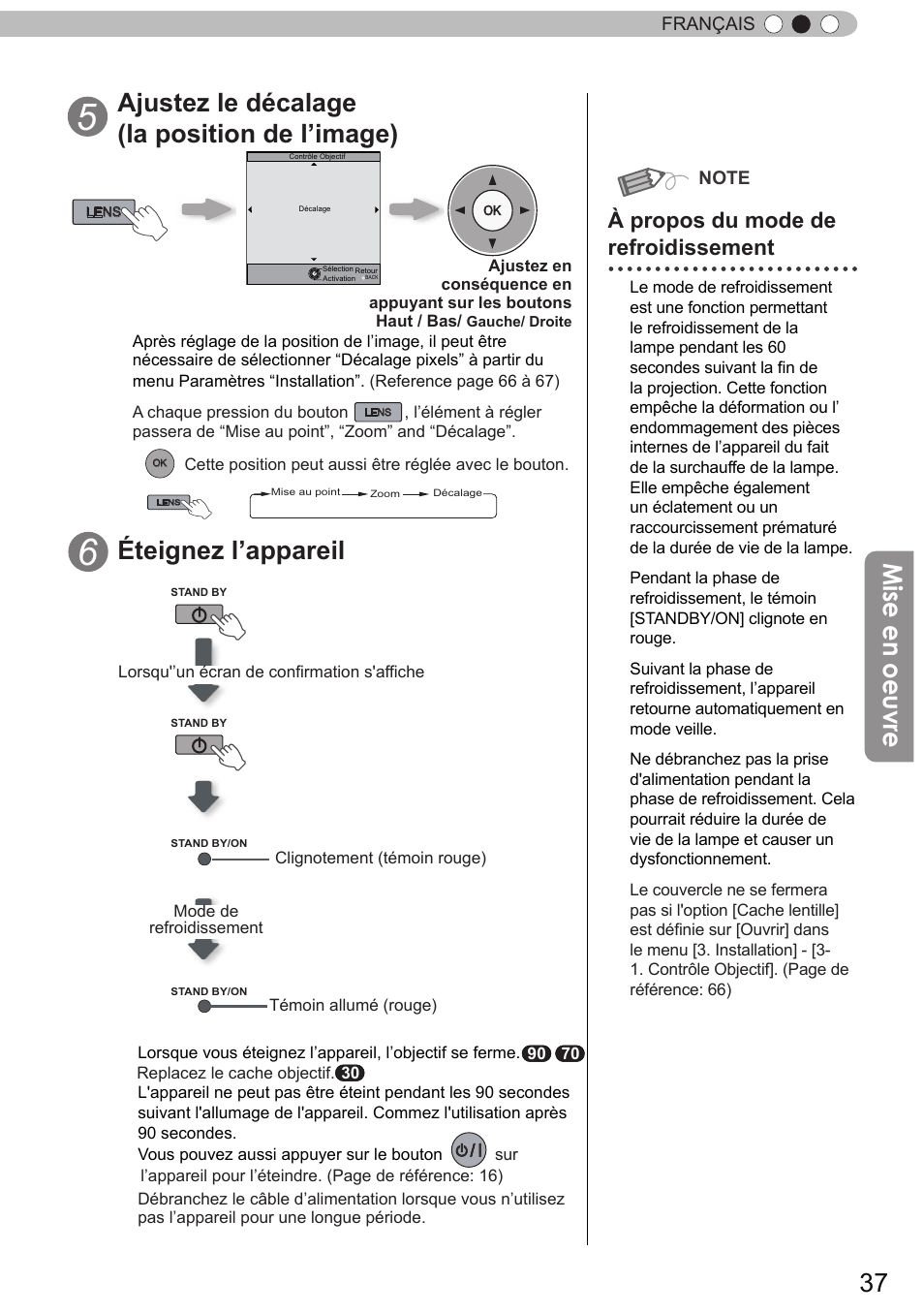 Mise en oeuvre, Ajustez le décalage (la position de l’image), Éteignez l’appareil | À propos du mode de refroidissement | JVC DLA-X90 User Manual | Page 133 / 289